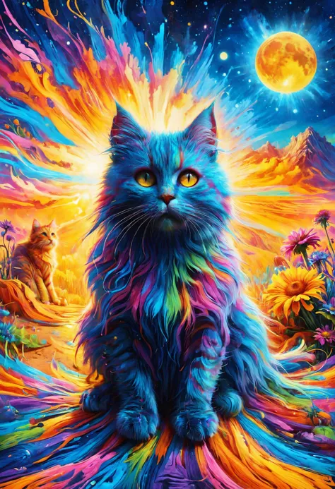 Black cat cross my path, I think every day's gonna be my last, <lora:Psychedelic:0.8> Psychedelic, <lora:MJ52:0.8>, Sunshine rays, <lora:Rainbow_Style:0.6>