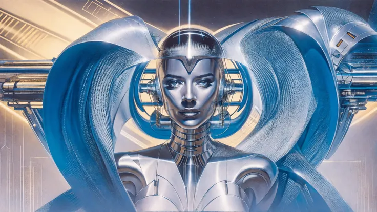 a woman in a silver suit with a blue background, 1980s metal artwork, highly detailed cybernetic body, high resolution art scan, trending on artforum, cybernetic implants, an art deco sculpture, lucasfilm - c 10, inspired by Hajime Sorayama and H.R.Giger
<lora:Hajime_Sorayama_Robot_ArtStyle_640x960:0.85>
<lora:H.R.Giger_ArtStyle_640x960:0.55>