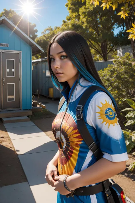 1girl, (designed by Russ Mills:1.0) and (Duffy Sheridan:0.9) , masterpiece Airbrush painting, surreal, wide angle of a Metalcore Repugnant ("Incubation and Incongruity":1.3) , elegant, from inside of a [Ultrarealistic:Blue:13] Tool shed, warm fauna and vegetation, Sun in the sky, Very wide view, Simple and clean, Satisfying, Gloompunk, Lens Flare, F/2.8, Primary Colors, Dota style, Batik, Concept Art World, unreal engine, en plein air