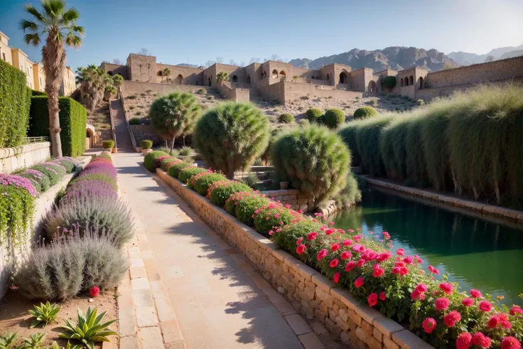 (8k, RAW photo, highest quality), a photo of an oasis, the Hanging Gardens of Babylon, ancient, capturing the beauty of the (terraced gardens:1.3), built on a sloping side with a (series of ascending platforms:1.5) filled with (multicolored exotic plants:1.6), (flowers, and towering trees:1.1), (desert on the background,:1.4), middle east, intricate details, captured in ultra-high resolution, photorealistic quality, exquisite, highest quality, sharp focus
<lora:epiNoiseoffset_v2:1>