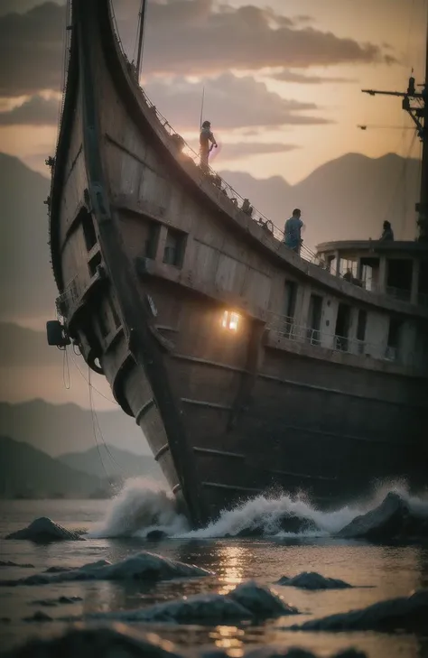 (dark shot:1.1), epic realistic, broken old boat in big storm, illustrated by herg, style of tin tin comics, pen and ink, female pilot, art by greg rutkowski and artgerm, soft cinematic light, adobe lightroom, photolab, hdr, intricate, highly detailed, (depth of field:1.4), faded, (neutral colors:1.2), (hdr:1.4), (muted colors:1.2), hyperdetailed, (artstation:1.4), cinematic, warm lights, dramatic light, (intricate details:1.1), complex background, (rutkowski:0.66), (teal and orange:0.4), (intricate details:1.12), hdr, (intricate details, hyperdetailed:1.15)