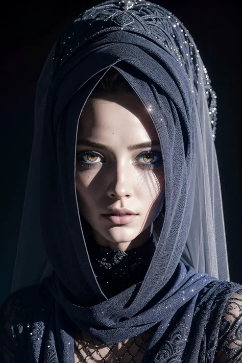 Fashionable portrait of androgynous alien looking witch wearing veil, glowing eyes, , futuristic design, minimal details, givenchy, photoreal, 200mm, hd, f/ 2.0, highly detailed, surreal , drop dead, in the style of red and blue, (intricate details, hyperdetailed:1.15) (skin texture:1.2)