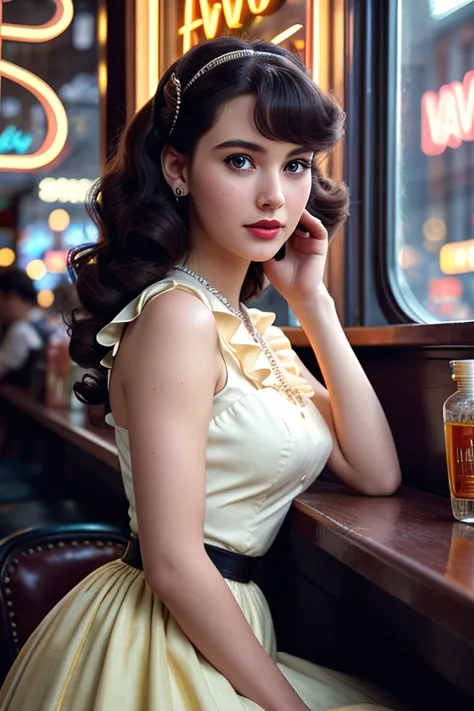 women dressed in 1950s-inspired dress, perfectly detailed beautiful face, half body, make-up, a full skirt and petticoat, hair styled in classic pin curls, seated at an old-fashioned diner, surrounded by vintage details, bar counter, dinamyc pose, neon signs, film grain, dramatic lighting, bright vivid gradient colors, nostalgic background, soft focus, moviestar, detailed, movie-inspired scene, cinema lights, looking at viewer, vintage fashion photography, modern, award - winning photograph, masterpiece, intricate details, 8k texture, rich texture details, extremely detailed, ultra high quality model, trending on artstation, trending on 500px, ray tracing, hdr, global illumination