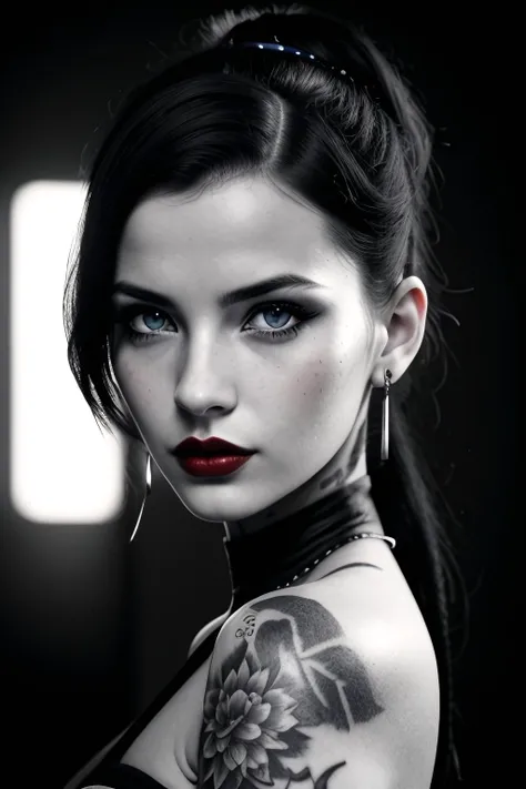 photorealistic, blackandwhite photography, beautiful young woman, rockabilly style, colourful tattoos, cool attitute, black hair, red lipstick, blue eyes, looking at viewer, light and shadow play on her face, dinamic pose, photography realistic, 8k texture, rich texture details, extremely detailed, ultra high quality model, ray tracing, trending on artstation