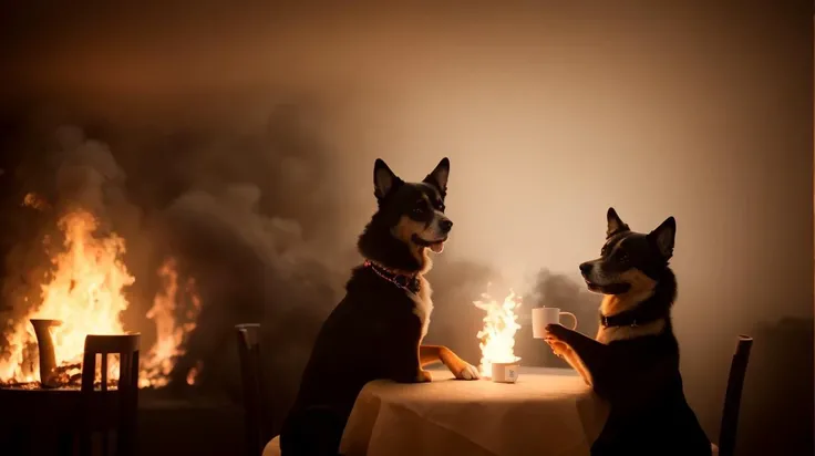RAW photo, two hairy dogs sitting in chairs, everything is on fire and flames, coffee cups on table, thick black smoke on ceiling, 8k uhd, dslr, soft lighting, high quality, film grain, Fujifilm XT3, HDR, UHD, 8k, highly detailed, studio lighting, trending on artstation, unreal engine, vivid colors, bokeh