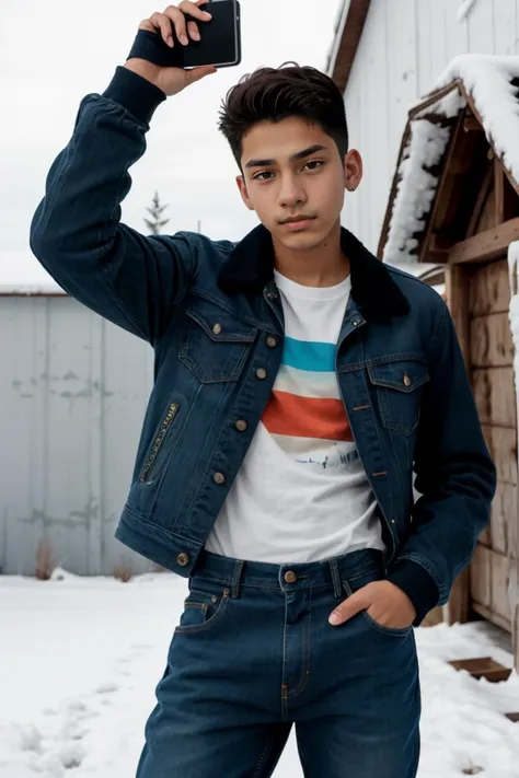 selfie 18yo slim dg_Luis boy, slim, (jacket, jeans), concerned, at an ice hotel <lora:dg_Luis_v1:0.8>,