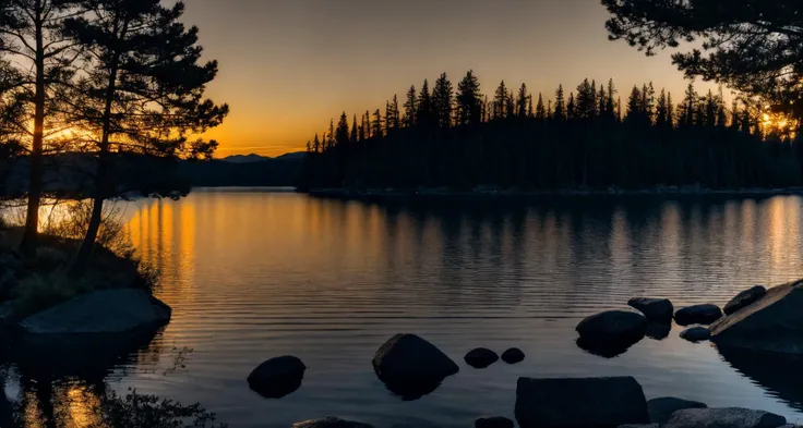 sunset on the lake with rocks and trees, in the style of nikon d850, sven nordqvist, intense color saturation, helios 44-2 58mm f/2, intense use of light and shadow, luminosity of water, yellow and orange, long exposure, cinematic light, bokeh <lora:LowRA:0.8>