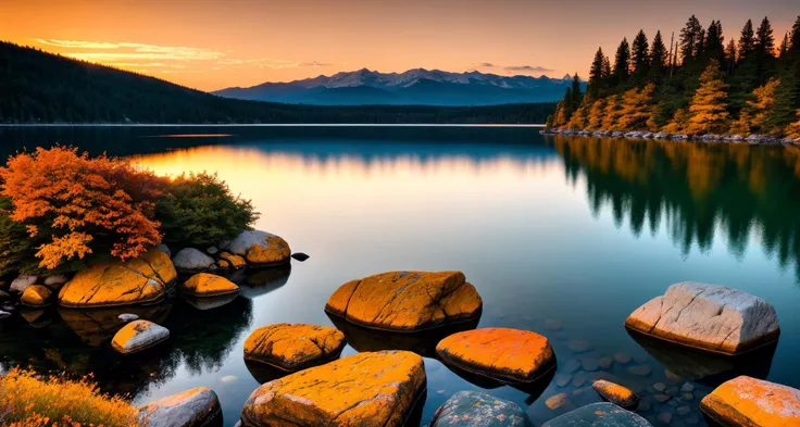 sunset on the lake with rocks and trees, in the style of nikon d850, sven nordqvist, intense color saturation, helios 44-2 58mm f/2, intense use of light and shadow, luminosity of water, yellow and orange, long exposure, cinematic light, bokeh