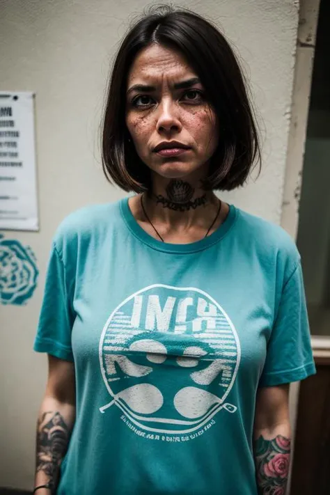medium shot of a Tasteful woman, Dark hair styled as Lob, Three-eyed, Tattoos, wrinkles, Screen print, Angry, Berlin Secession, Bloom light, Low shutter