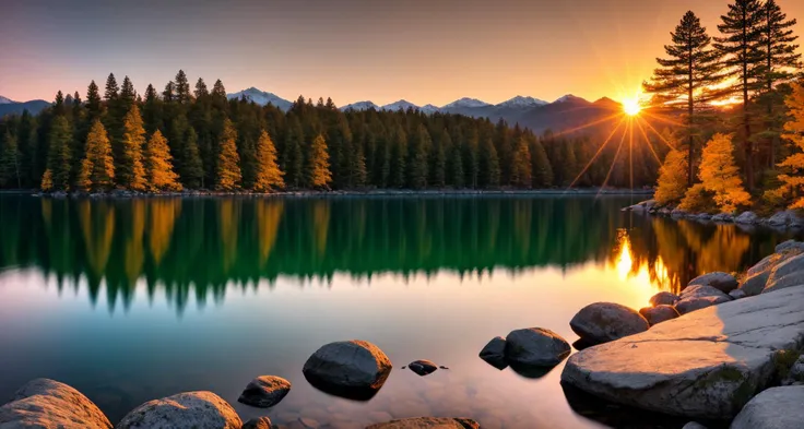 sunset on the lake with rocks and trees, in the style of nikon d850, sven nordqvist, intense color saturation, helios 44-2 58mm f/2, intense use of light and shadow, luminosity of water, yellow and orange, long exposure, cinematic light, bokeh