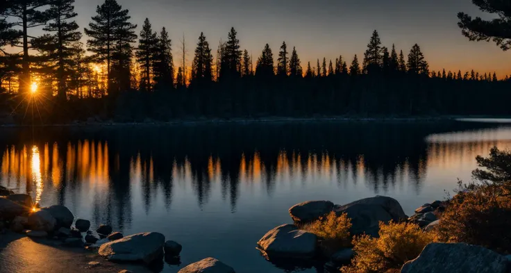sunset on the lake with rocks and trees, in the style of nikon d850, sven nordqvist, intense color saturation, helios 44-2 58mm f/2, intense use of light and shadow, luminosity of water, yellow and orange, long exposure, cinematic light, bokeh <lora:LowRA:0.8>
