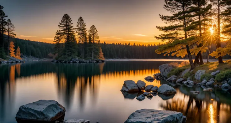sunset on the lake with rocks and trees, a broken wooden boat on the rocks, in the style of nikon d850, sven nordqvist, intense color saturation, helios 44-2 58mm f/2, intense use of light and shadow, luminosity of water, yellow and orange, long exposure, cinematic light, bokeh