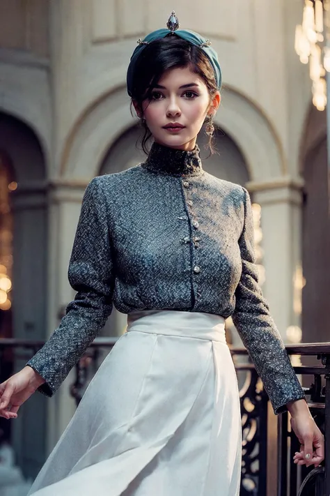 <lora:Audrey_Tautou:0.85> A dress of geometric patterns in royal blue and pure white, against an environment of olive green and rich burgundy, in the style of Josan Gonzalez, Afarin Sajedi, in the style of surrealistic poses, geometric shapes, National Geographic photo, dark teal and light silver, Ayami Kojima, flowing lines, Mark Henson, (masterpiece:1.5) (photorealistic:1.1) (bokeh) (best quality) (detailed) (intricate) (8k) (HDR) (cinematic lighting) (sharp focus on eyes) (skin texture:1.2)