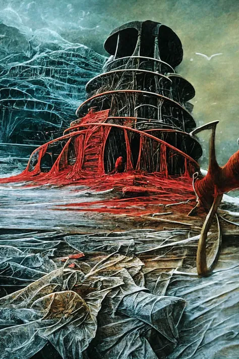 High detail painting in the style of <lora:Zdzislaw_Beksinski_ArtStyle_selected:1>, a dirty crushing car, (fog, haze, structures, ominous, long, red, orange, sky, creature, apocalyptic, teeth, silhouette, glowing, cathedral, floating, massive, lovecraftian, cracked, dry, crumbling, nightmarish, horror, gothic:0.8), surrealist, dystopian, absurdes, 8k high definition, highest quality, masterpiece, best quality, 8k, HDR, ultra-detailed, amazing, intricate
