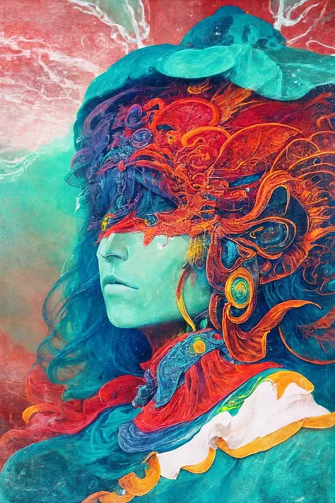 High detail painting in the style of <lora:Zdzislaw_Beksinski_ArtStyle_selected:1>, Abstract artwork that uses colorful overlapping shapes to create a portrait of a beautiful female. The look should be inspired by the unique painting styles found in cubism with an emphasis on texture and intricate detail including hand - drawn typefaces& organic flourishes around the eyes, cheeks& nose
