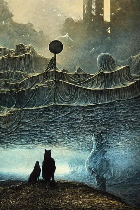 High detail painting in the style of <lora:Zdzislaw_Beksinski_ArtStyle_selected:1>, strange fantasy with evil creatures, (fog, haze, structures, ominous, long, red, orange, sky, creature, apocalyptic, teeth, silhouette, glowing, cathedral, floating, massive, lovecraftian, cracked, dry, crumbling, nightmarish, horror, gothic:0.8), surrealist, dystopian, absurdes, 8k high definition, highest quality, masterpiece, best quality, 8k, HDR, ultra-detailed, amazing, intricate