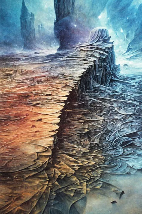 strange fantasy art by <lora:Zdzislaw_Beksinski_ArtStyle_selected:0.95> (masterpiece:1.5) (best quality) (detailed) (intricate) (8k) (HDR)