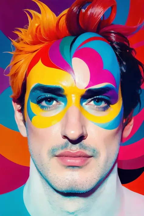 <lora:cer4ti:0.85> Abstract artwork that uses colorful overlapping shapes to create a portrait of a beautiful male. The look should be inspired by the unique painting styles found in cubism with an emphasis on texture and intricate detail including hand - drawn typefaces& organic flourishes around the eyes, cheeks& nose