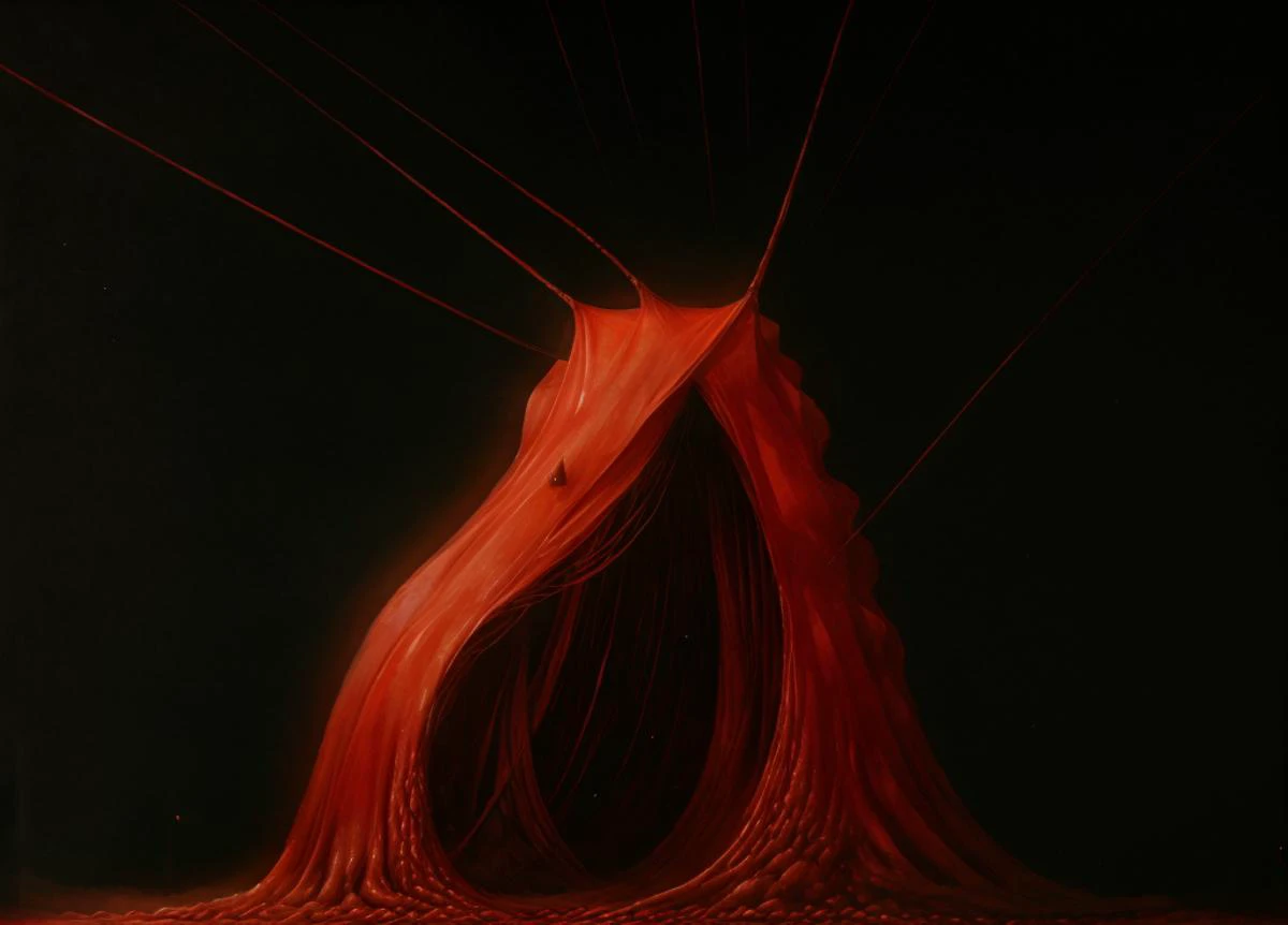 amazing quality, best quality, oil painting, gorey, thin strings rise to the sky, black red contrasted, <lora:Suguru_Tanaka_Style:1> suguru_tanaka, dark sky, cocoon