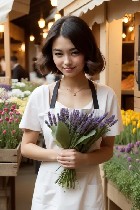 (best quality, masterpiece:1.2), 1 girl, adult swedish woman, brown eyes, copper short hair, portrait, looking down, solo, (full body:0.6), detailed background, detailed face, (<lora:WoodIronAIv2:0.6>, WoodIronAI theme:1.1), grin, arms spread, merchant, (light brown:0.8) simple merchant clothes, apron, cluttered (medieval market stall:1.1), (sacks:0.8), (crates:0.8), (storage baskets:0.8), (shelves:0.8), selling wide variety of flowers, lavenders, roses, tulips, lilies,