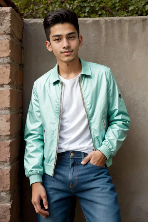 dynamic angle 18yo slim dg_Luis boy, slim, (jacket, jeans), amused, in a courtyard <lora:dg_Luis_v1:0.8>,