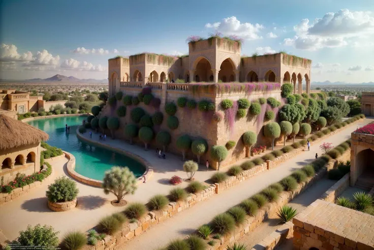 (8k, RAW photo, highest quality), a photo of an oasis, the Hanging Gardens of Babylon, ancient, capturing the beauty of the (terraced gardens:1.3), built on a sloping side with a (series of ascending platforms:1.5) filled with (multicolored exotic plants:1.6), (flowers, and towering trees:1.1), (desert on the background,:1.4), middle east, intricate details, captured in ultra-high resolution, photorealistic quality, exquisite, highest quality, sharp focus
<lora:epiNoiseoffset_v2:1>
