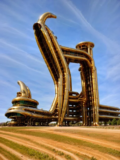 weird architecture, surreal landscape, mechanical, sunny day, soft natural lighting, chrome, gold