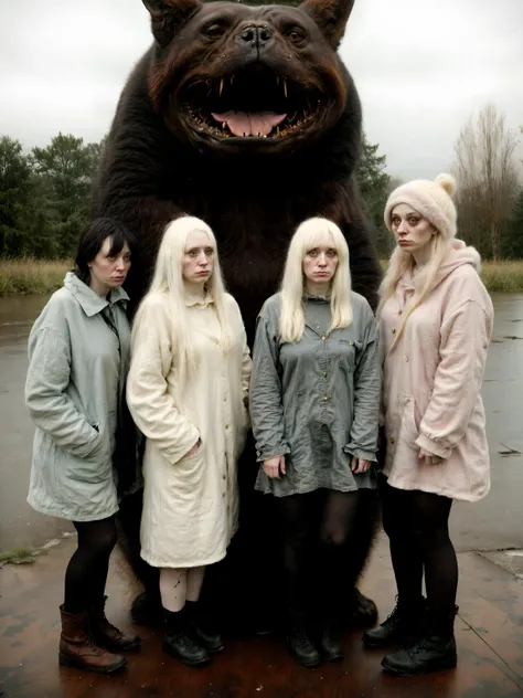 deep feeling of wtf, unusual encounter with weird girls and their unconventional friend, gloomy day, worst quality, bad art, (nsfw:-1)