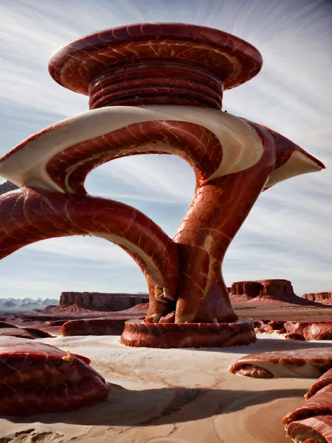 impossible architecture made out of meat in a surreal landscape