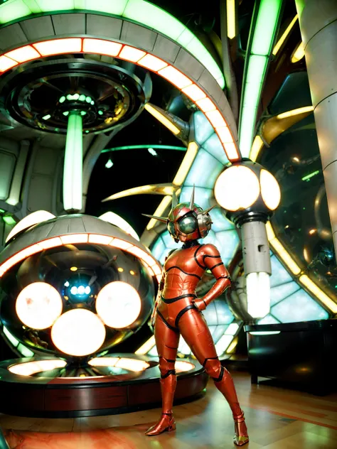 (ridiculous pose:1.2), tokusatsu, weird helmet, futuristic architecture, spaceship