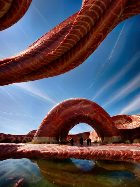 impossible architecture made out of meat in a surreal landscape