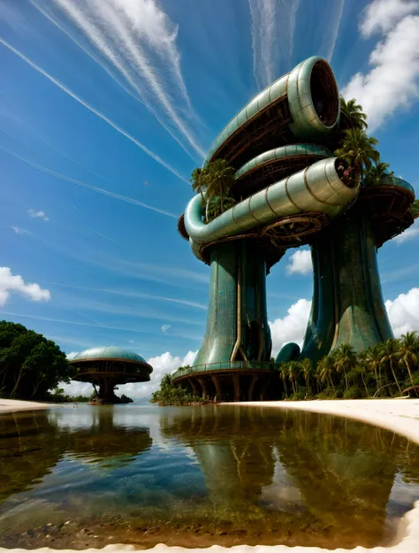 weird architecture, surreal landscape, tropical, fantasy, mechanical, sunny day, soft natural lighting