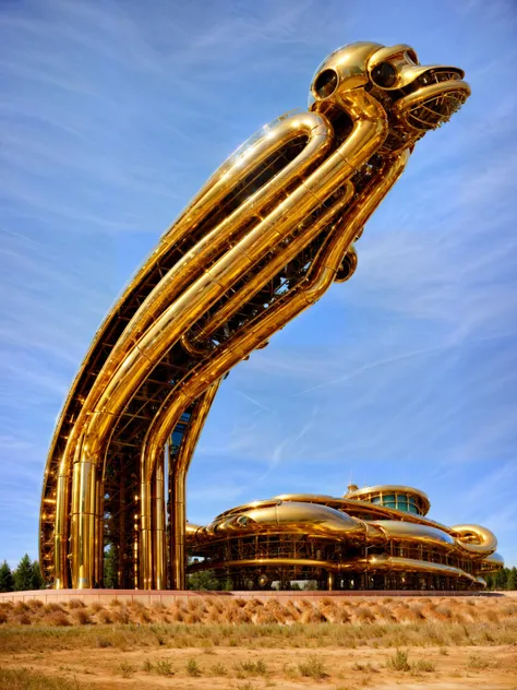 weird architecture, surreal landscape, mechanical, sunny day, soft natural lighting, chrome, gold