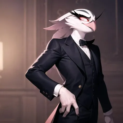 (best quality, masterpiece:1), furry (male:1.2) anthro stella bird 1boy, owl, butler, masculine face, muscular male, portrait, victorian suit, flat chest, pink beak, standing, looking to the side, closed mouth, smile, wide-eyed, white pupils, (dimly lit fancy formal hall background:1.0), <lora:stella-v1-novelai:1>