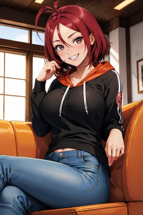 masterpiece, best quality, <lora:alkaid-nvwls-v1-000010:0.9> alkaid, antenna hair, black hoodie, jeans, sitting, large breasts, couch, looking at viewer, grin