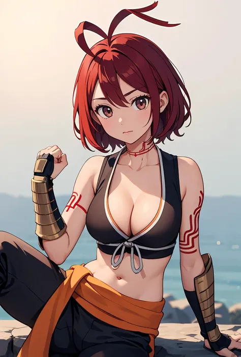 (masterpiece, best quality), 1girl, <lora:alkaid-nvwls-v1:0.8> alkaid, antenna hair, black crop top, sleeveless, cleavage, gauntlets, black pants, clothes around waist, white overskirt, arm tattoo