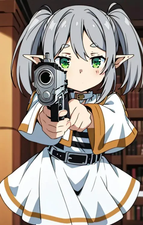 masterpiece, best quality, ssfrieren, 1girl, solo, pointy ears, twintails, green eyes, black pantyhose, belt, white capelet, white dress, long sleeves, striped shirt, grey hair, gunatyou, gun, aiming at viewer, holding gun, medium hair, chibi, <lora:type-chibis-rhfh-v2:0.7><lora:frieren_sd_v2:1.1> <lora:pointinggun:0.8>