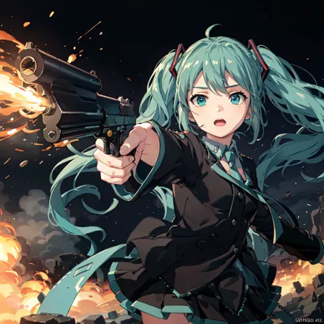 best quality, masterpiece, hatsune miku, (military uniform), gunatyou, gun, aiming at viewer, holding gun, explosion, battlefield,  <lora:gunAimingAtYouV1:0.7>, military hat,