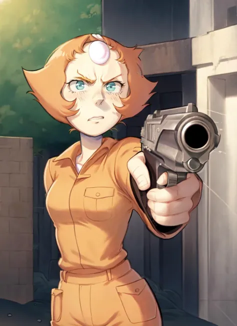 <lora:Pearl_char:1.05>, (masterpiece, best quality:0.8), 1girl (pearl_char:1.2), wearing (orange:1.1) prison jumpsuit, orange hair, angry, <lora:gunAimingAtYouV1:0.8> gunatyou, gun, aiming at viewer, holding gun