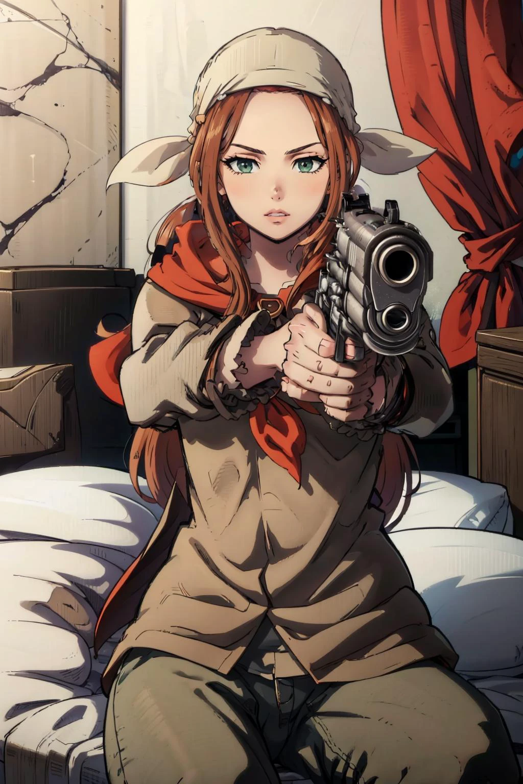 masterpiece, best quality, <lora:FatesVillagerGirl:0.9> fatesvillagegirl, bandana, long sleeves, pants, dress, sitting, bedroom, <lora:gunAimingAtYouV1:0.8> gunatyou, gun, aiming at viewer, holding gun
