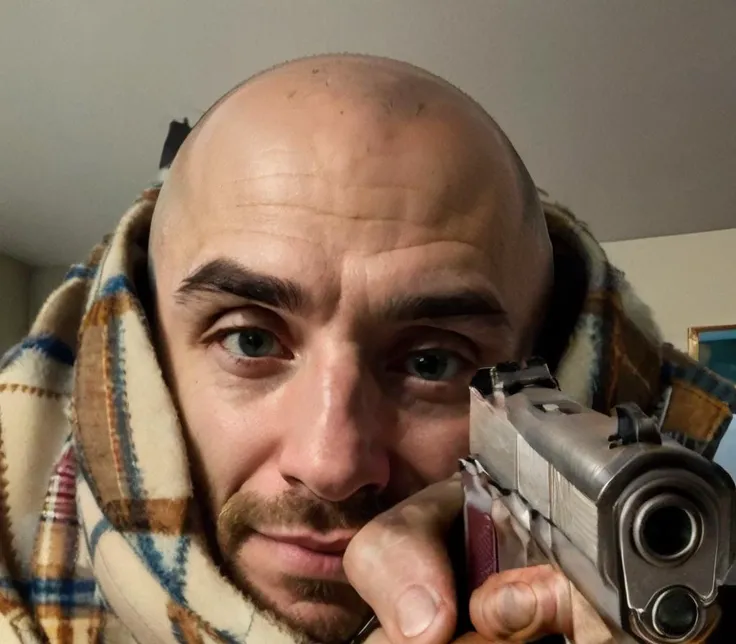 (masterpiece:1.3), (best quality:1.2), (intricate detailed:1.2), (hyperrealistic:1.2), (professional photograpy:1.1), a bald man, highly detailed, absurd res, black eyes, depth of field, checkered scarf, face, smile, handgun, holding, looking at viewer, photorealistic, realistic, solo, <lora:pointinggun:1>