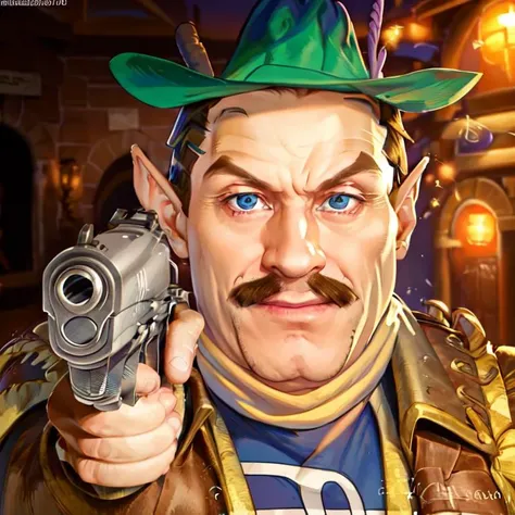 (masterpiece, top quality, best quality, beautiful, and aesthetic:1.2) m0rshu, gunatyou, gun, 1boy, orange vest, hat <lora:gunAimingAtYouV1:.8> <lora:morshuproject1-10:1>