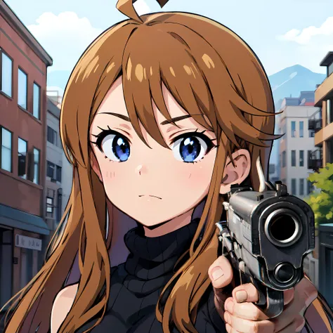Masterpiece, best quality, (masterpiece, best quality, ultra detailed), (perfect face, detailed face), (detailed background, complex background:1.2),
gunatyou, <lora:megumi_tokoro_v1:0.8> megumi tokoro, ahoge, long hair, upperbody, sweater, turtleneck, sleeveless, hand behind head, black sweater, looking at viewer, aiming at viewer, solo, <lora:pointinggun:0.7>