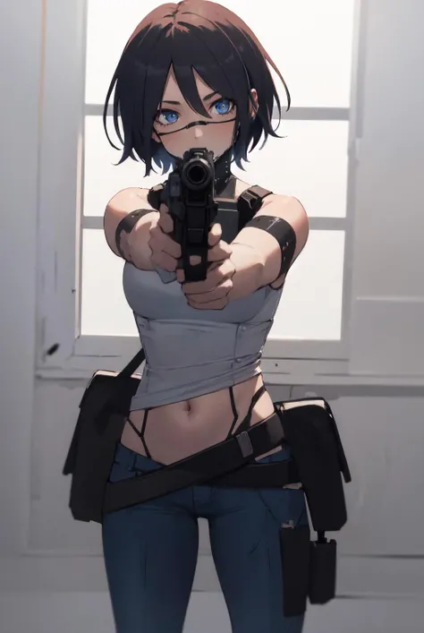 masterpiece, best quality, ultra detailed, <lora:signalis_elster:0.9>, elster, cyborg, 1girl, solo, blue eyes, short hair, blue layered tank tops, jeans, and combat boots, covered navel, holster <lora:LoraGoth:1>, aiming at viewer, handgun, holding pistol, upper body,