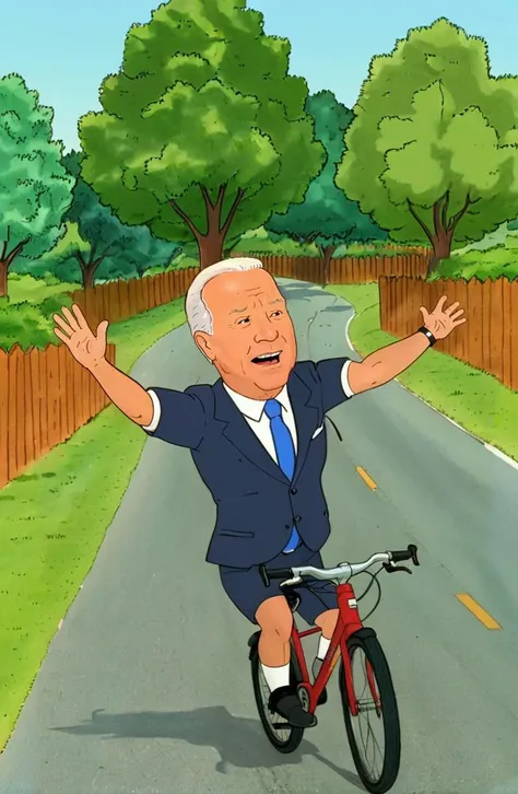 cartoon of a joe biden in a suit shocked face falling off a bicycle, road, green trees in background, scene from a documentary, directed by Wes Anderson (in kingofthehill style:1.5), <lora:kingofthehillstyleXL_v.10.1:0.8> <lora:xl_more_art-full_v1:0.5> <lora:add-detail-xl:0.6>
