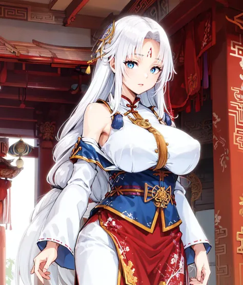 anime woman, beautiful, silver hair, blue eyes, long tied hair, cold and elegant expression, huge breasts, small waist, nice thighs, wearing white hanfu, xianxia art style, elegant, sword floating behind the back, taoist sect gate background,