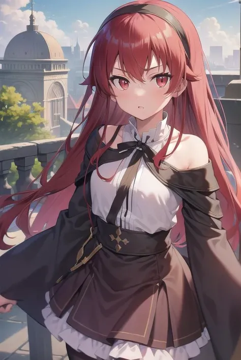 erisgreyrat, <lora:eristest:1>,
eris greyrat, ahoge, hair between eyes, long hair, (red eyes:1.5), red hair, sidelocks, (small breast:1.2),
BREAK black hairband, black ribbon, brown skirt, hairband, long sleeves, neck ribbon, pantyhose, ribbon, shirt, shoulder cutout, skirt, white pantyhose, white shirt, wide sleeves,
BREAK looking at viewer,
BREAK outdoors, city,
BREAK <lyco:GoodHands-beta2:1>, (masterpiece:1.2), best quality, high resolution, unity 8k wallpaper, (illustration:0.8), (beautiful detailed eyes:1.6), extremely detailed face, perfect lighting, extremely detailed CG, (perfect hands, perfect anatomy),