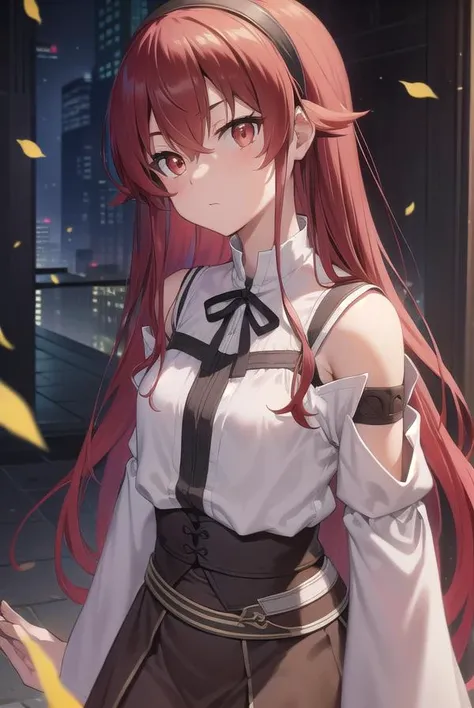 erisgreyrat, <lora:eristest:1>,
eris greyrat, ahoge, hair between eyes, long hair, (red eyes:1.5), red hair, sidelocks, (small breast:1.2),
BREAK black hairband, black ribbon, brown skirt, hairband, long sleeves, neck ribbon, pantyhose, ribbon, shirt, shoulder cutout, skirt, white pantyhose, white shirt, wide sleeves,
BREAK looking at viewer,
BREAK outdoors, city,
BREAK <lyco:GoodHands-beta2:1>, (masterpiece:1.2), best quality, high resolution, unity 8k wallpaper, (illustration:0.8), (beautiful detailed eyes:1.6), extremely detailed face, perfect lighting, extremely detailed CG, (perfect hands, perfect anatomy),