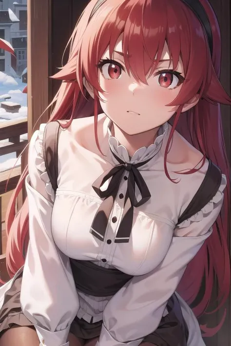 erisgreyrat, <lora:eristest:1>,
eris greyrat, ahoge, hair between eyes, long hair, (red eyes:1.5), red hair, sidelocks, (small breast:1.2),
BREAK black hairband, black ribbon, brown skirt, hairband, long sleeves, neck ribbon, pantyhose, ribbon, shirt, shoulder cutout, skirt, white pantyhose, white shirt, wide sleeves,
BREAK looking at viewer,
BREAK outdoors, city,
BREAK <lyco:GoodHands-beta2:1>, (masterpiece:1.2), best quality, high resolution, unity 8k wallpaper, (illustration:0.8), (beautiful detailed eyes:1.6), extremely detailed face, perfect lighting, extremely detailed CG, (perfect hands, perfect anatomy),
