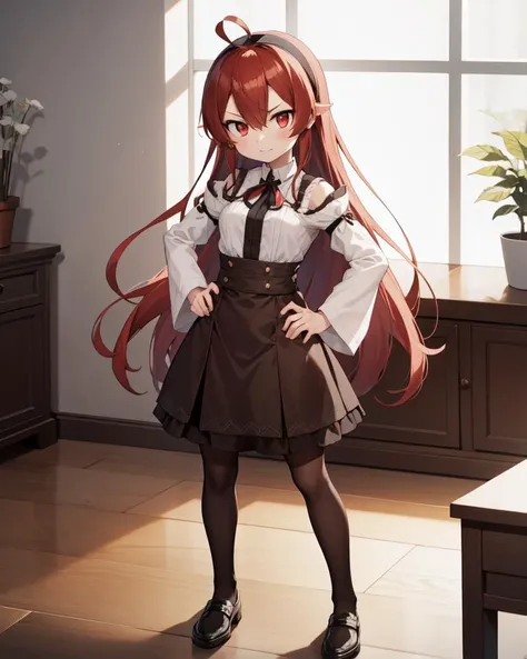 masterpiece, best quality, highly detailed
indoors, simple background, living room, 
small ,petite, <lora:eristest:0.8>,,eris greyrat, ahoge, hair between eyes, long hair, (red eyes:1.1), red hair, sidelocks, (small breasts:1.2), 
black hairband, black ribbon, brown skirt, hairband, long sleeves, neck ribbon, pantyhose, ribbon, shirt, shoulder cutout, skirt, white pantyhose, white shirt, wide sleeves
hands on hip,  full body,  
fang,  ,   ,rage ,glaring,